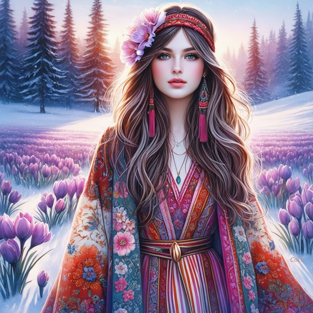 Digital Art Portrait of Woman in Floral Field