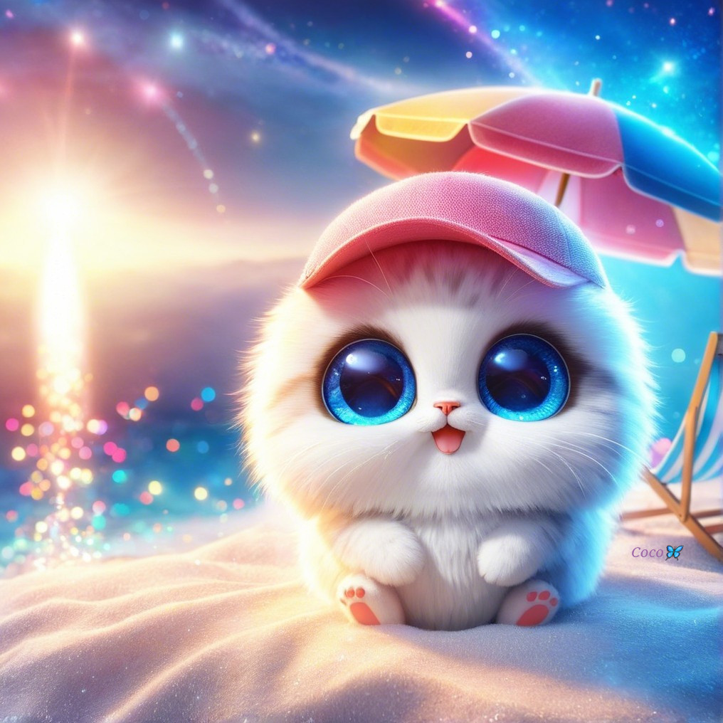 Fluffy Cat with Blue Eyes on a Beach at Sunset
