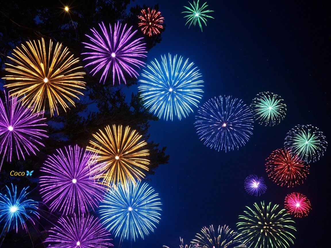 Vibrant Fireworks Display in Night Sky Colors