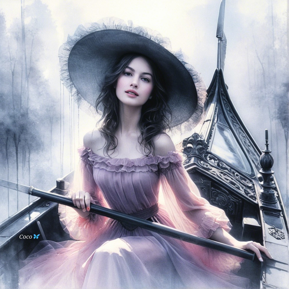 Young Woman in Lavender Gown Rowing a Gondola