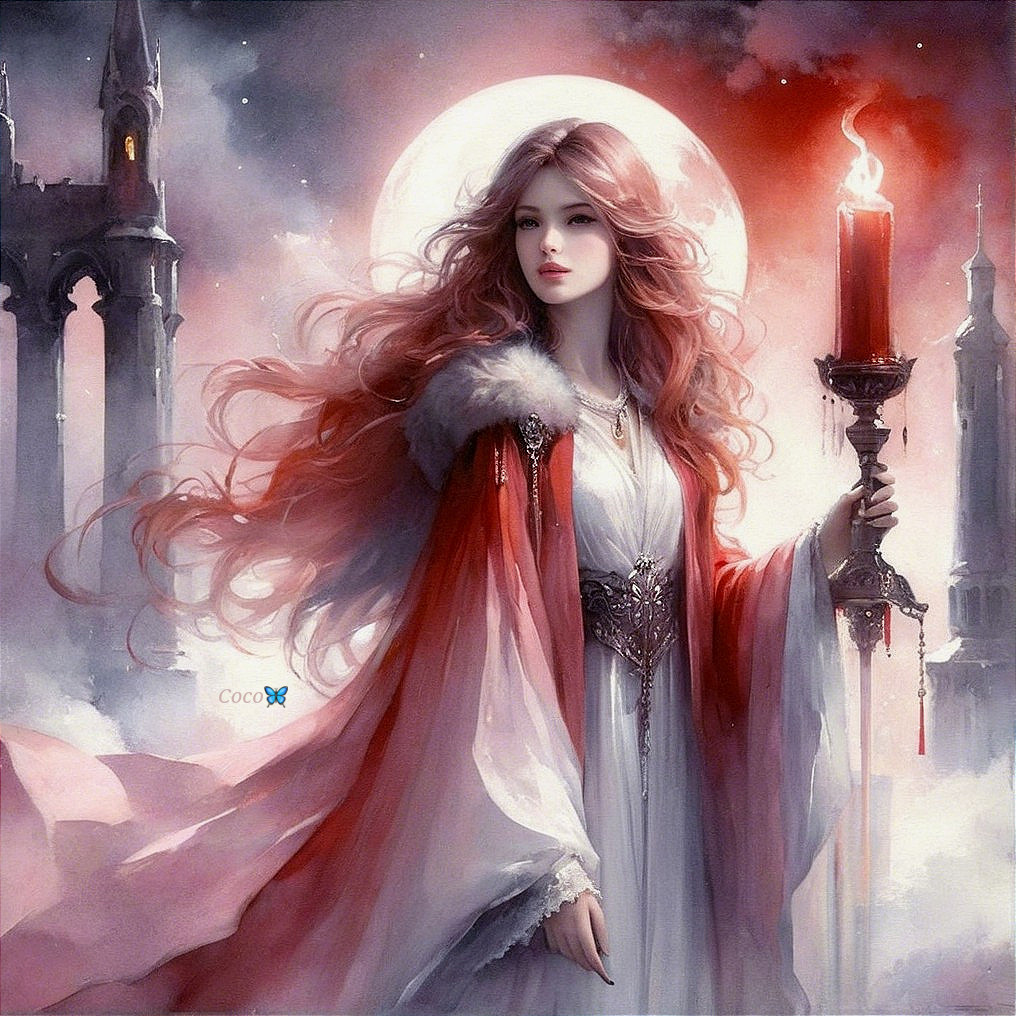 Mystical Woman in Crimson Cloak by Full Moon