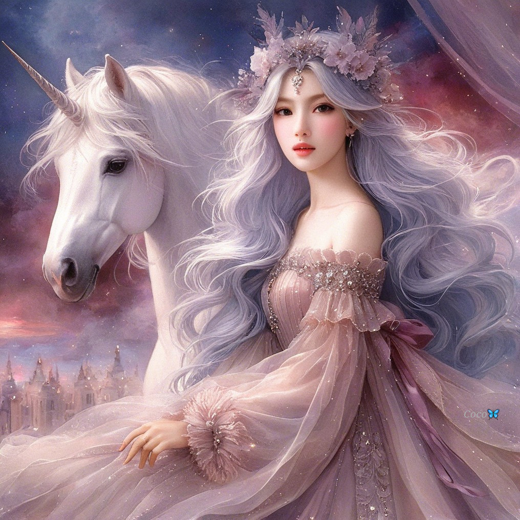 Ethereal Woman with Unicorn in Dreamy Twilight Scene