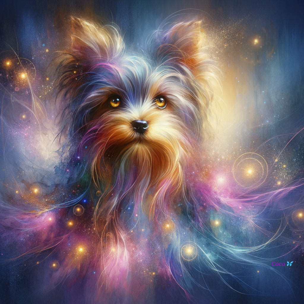 Vibrant Yorkie Portrait with Cosmic Fur and Stars