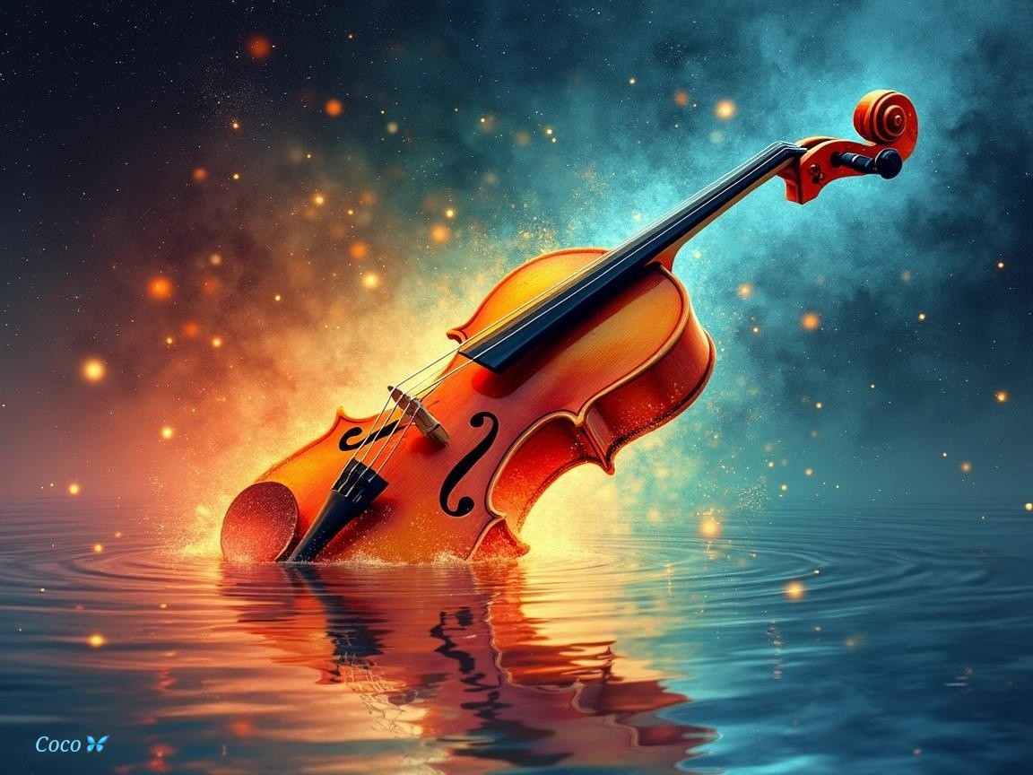 Vibrant Orange Violin in Tranquil Water and Stars
