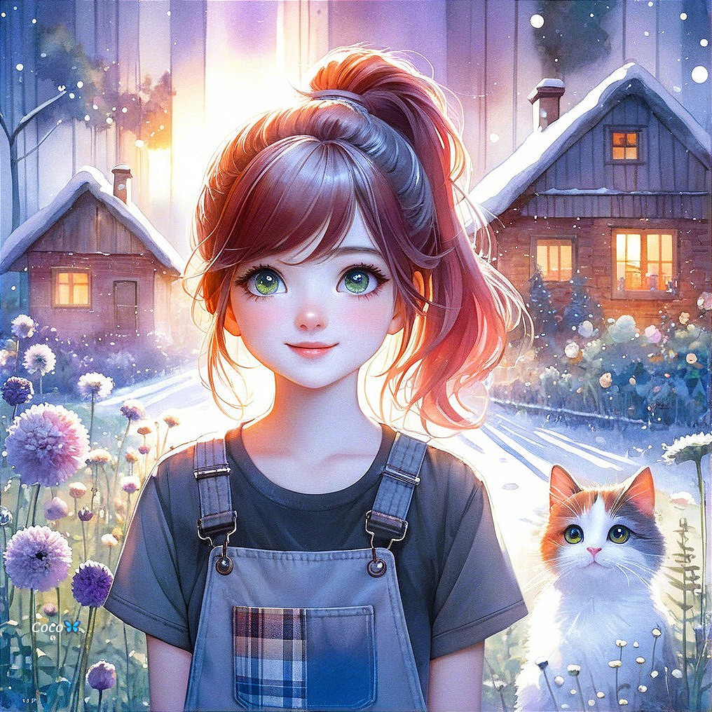 Young girl in snowy landscape with blooming flowers