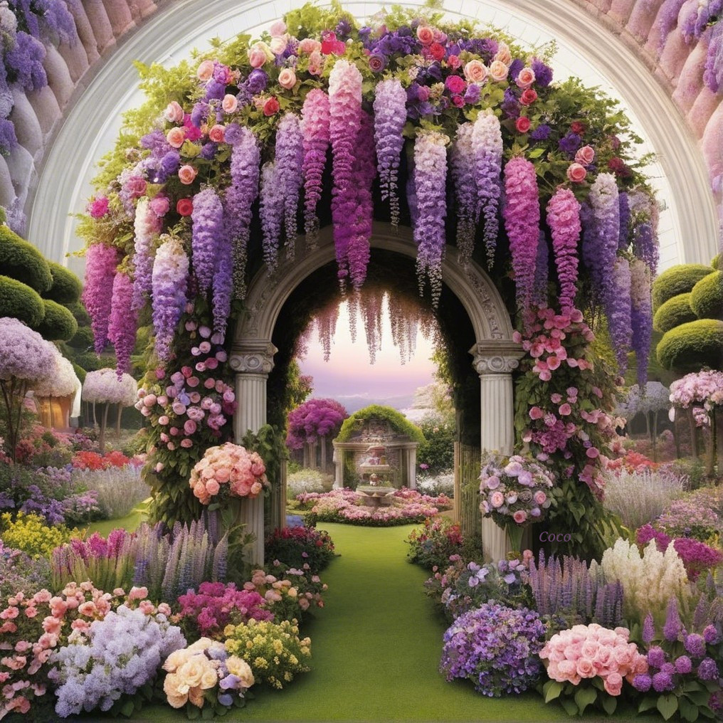 Charming Garden with Stone Archway and Fountain