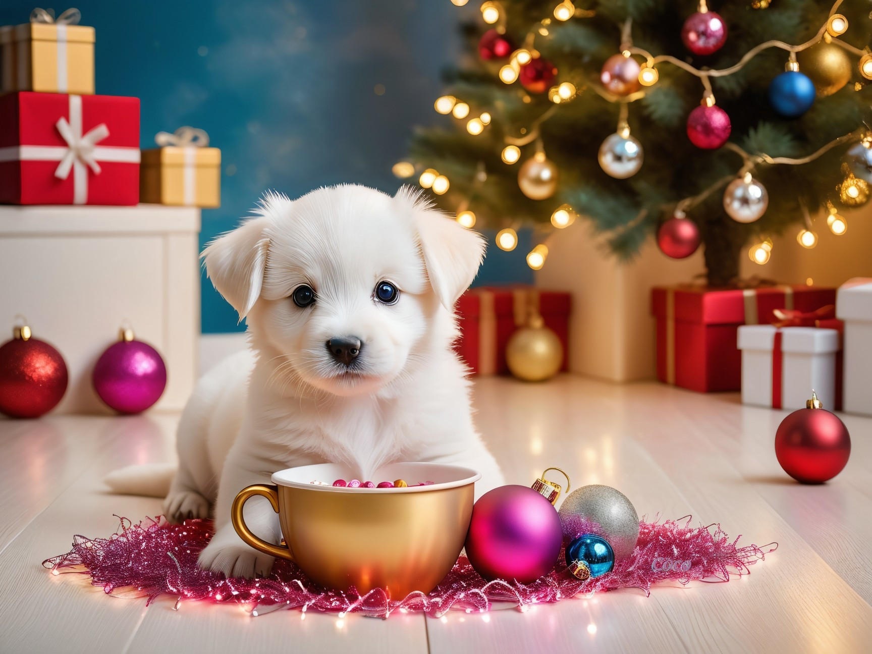 Fluffy White Puppy in Festive Holiday Setting
