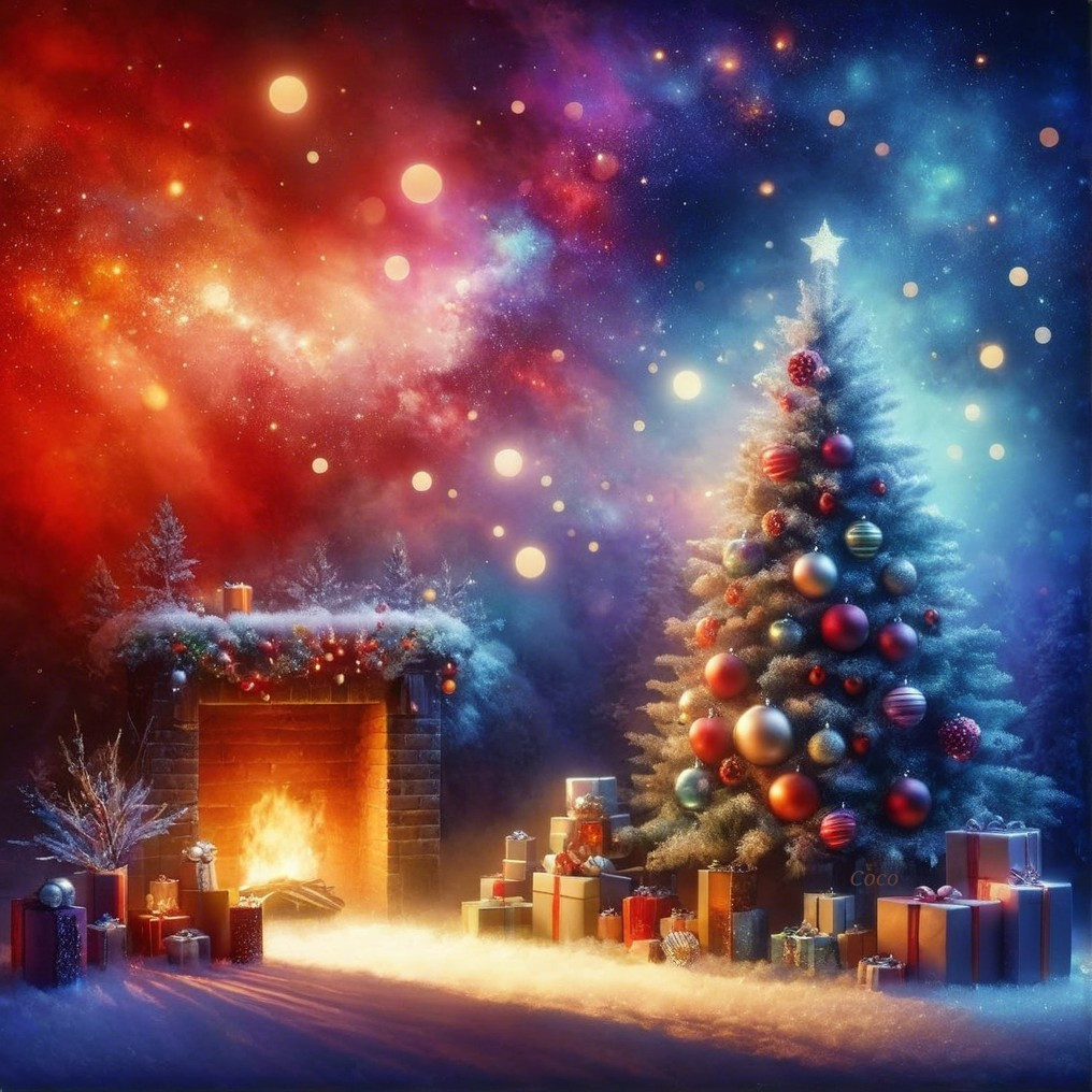 Decorated Christmas Tree with Cozy Fireplace Setting