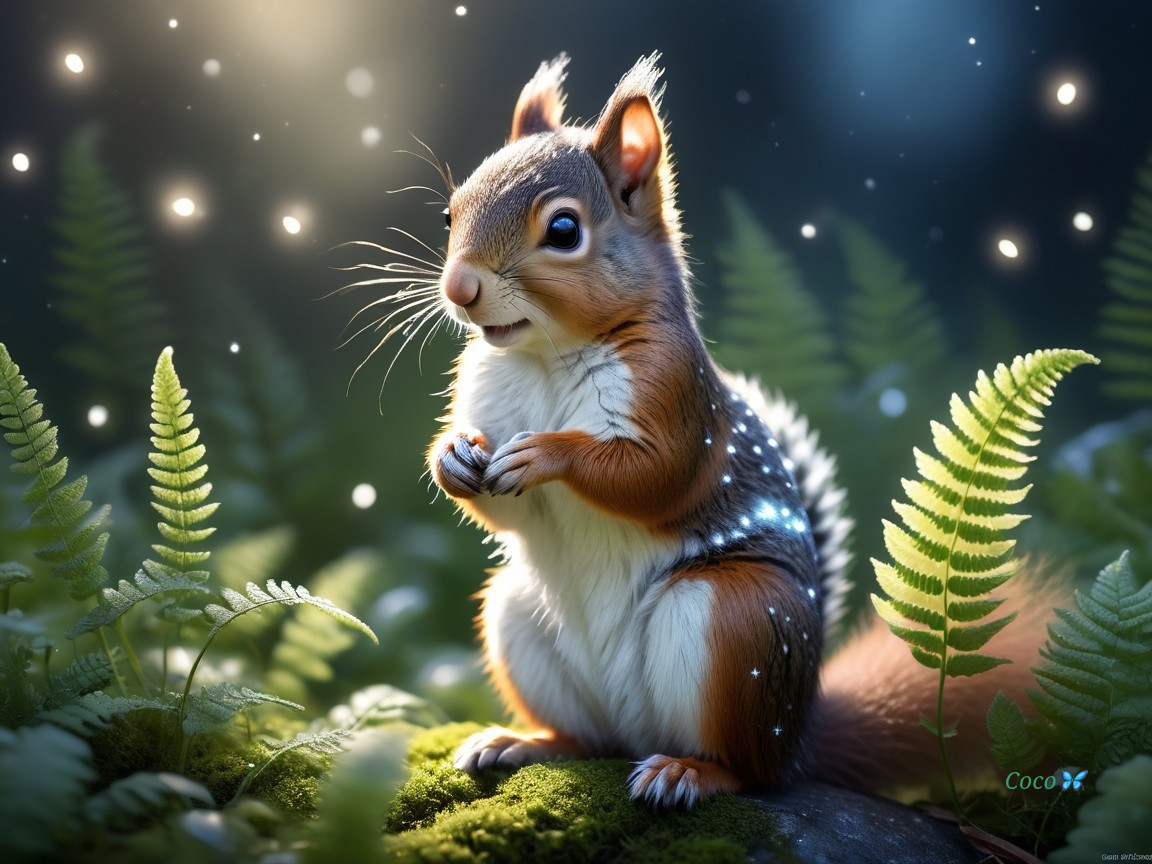 Whimsical Squirrel Surrounded by Lush Greenery