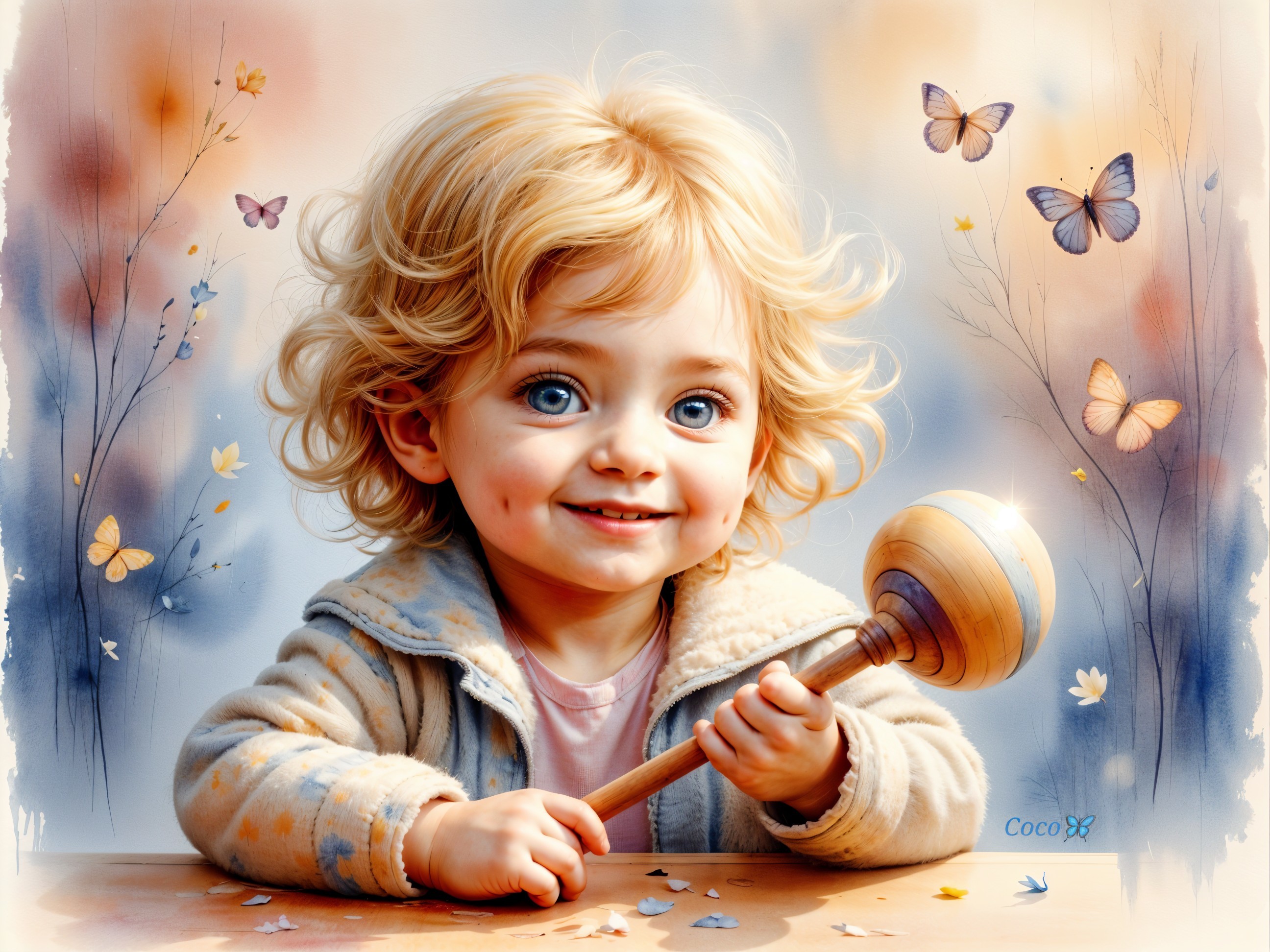 Cheerful Toddler with Rattle in Pastel Background