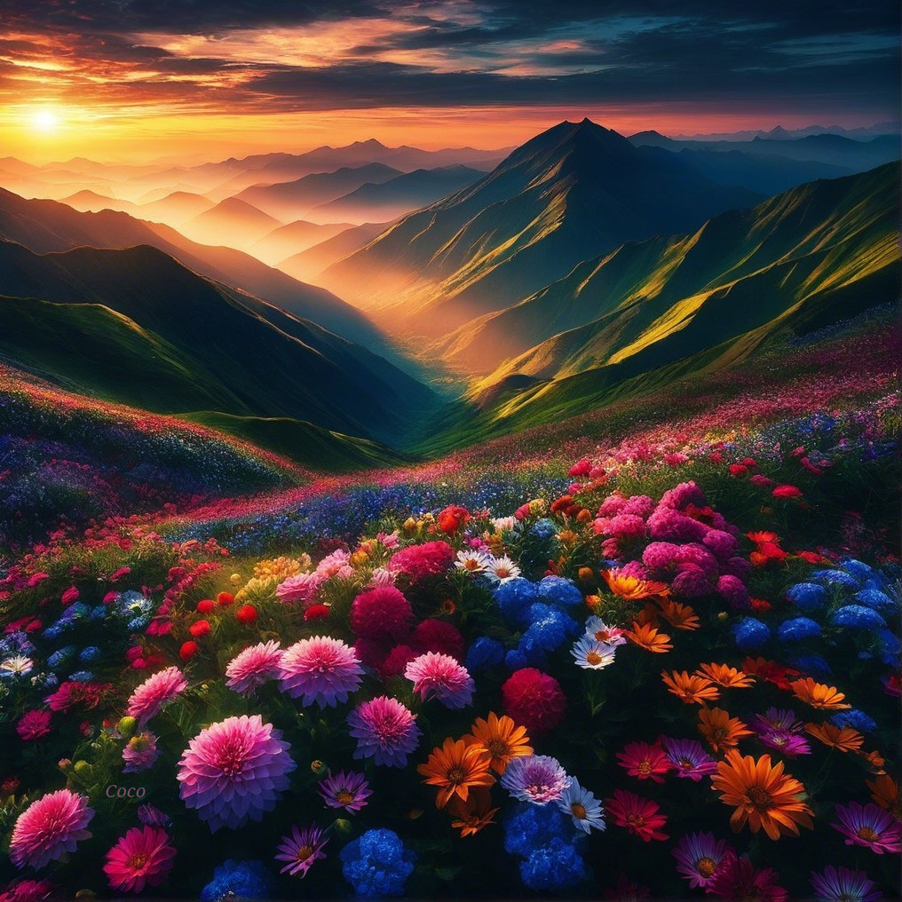 Vibrant Sunset Landscape with Wildflowers and Mountains
