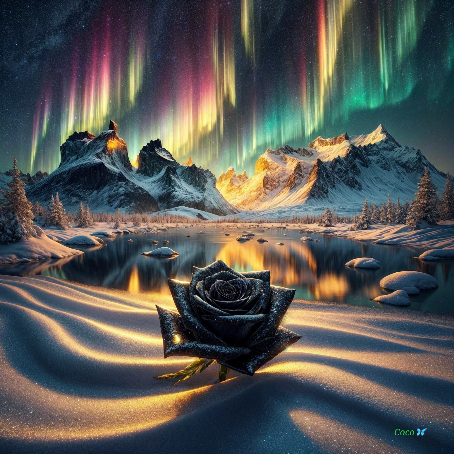 Black Rose on Snow with Northern Lights and Mountains