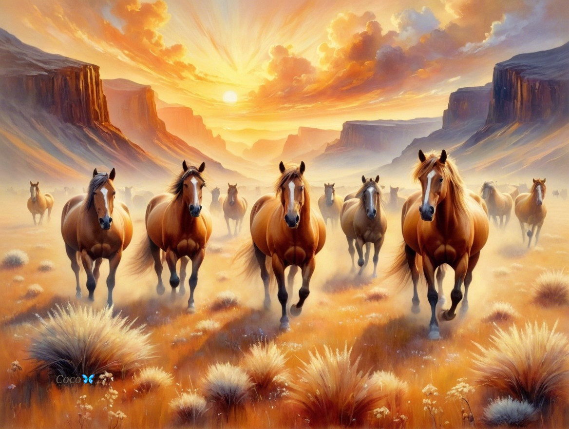 Chestnut Horses Galloping in Sunset Landscape