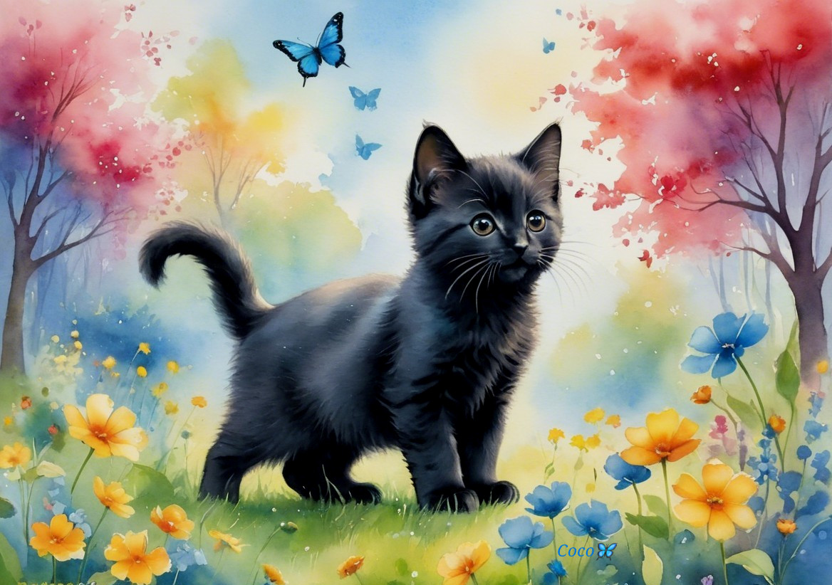 Black kitten in a whimsical landscape with flowers and butterflies