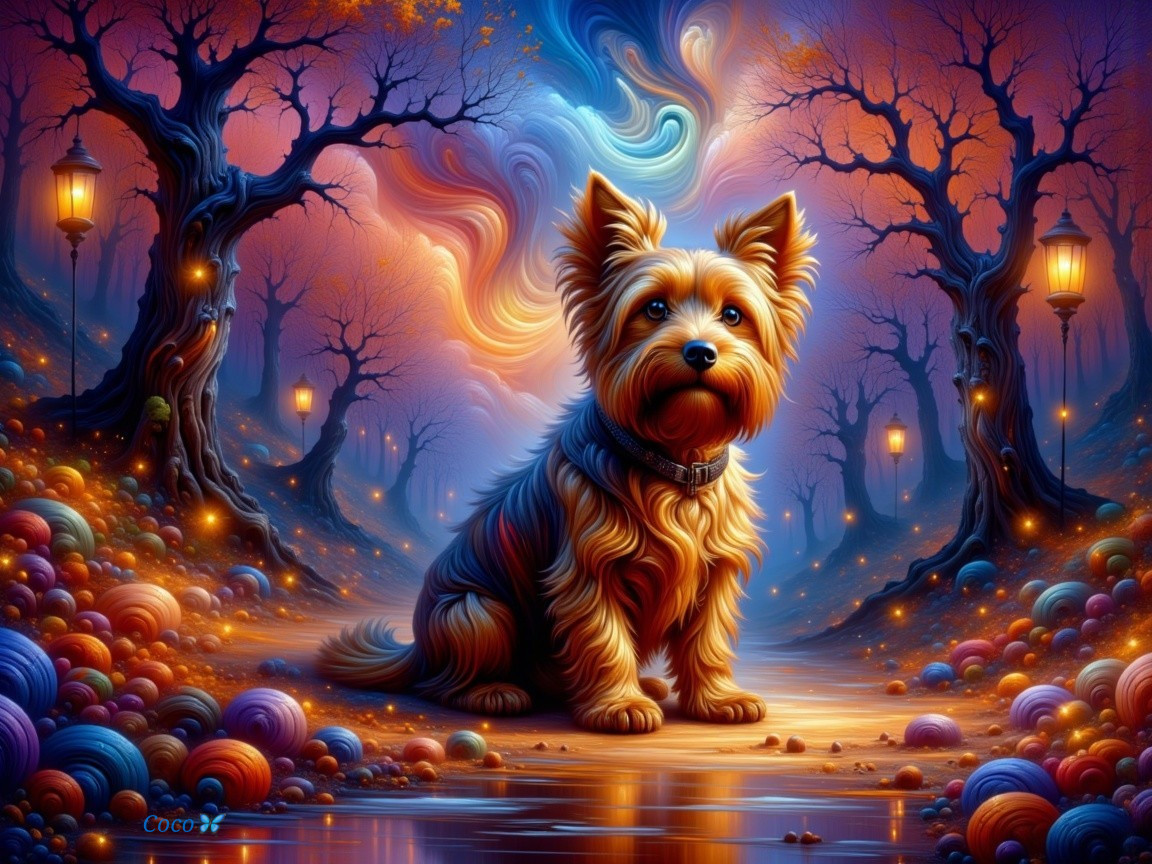 Fluffy Dog in a Mystical Forest with Colorful Orbs