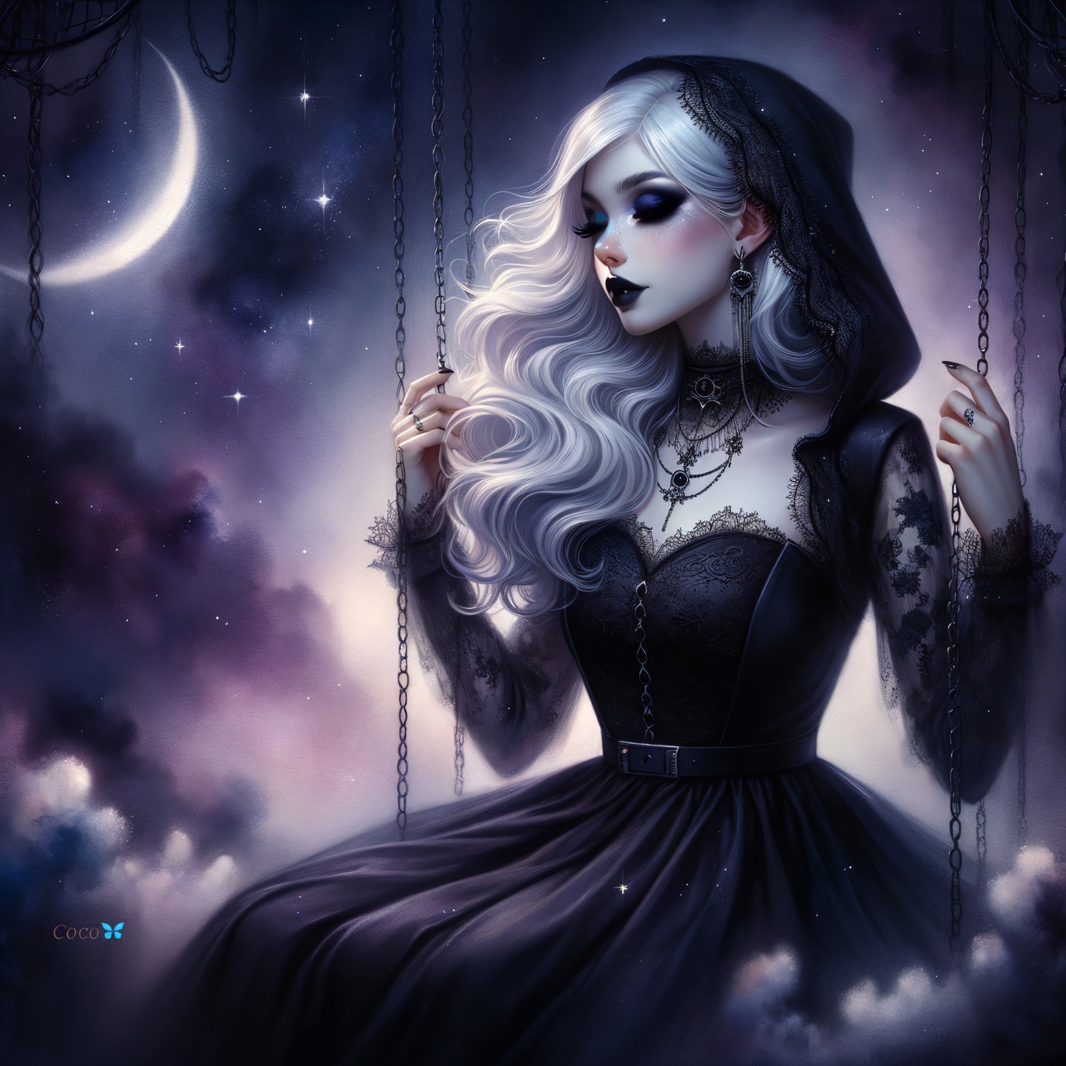 Mysterious Figure in Silver Hair Against Starry Sky