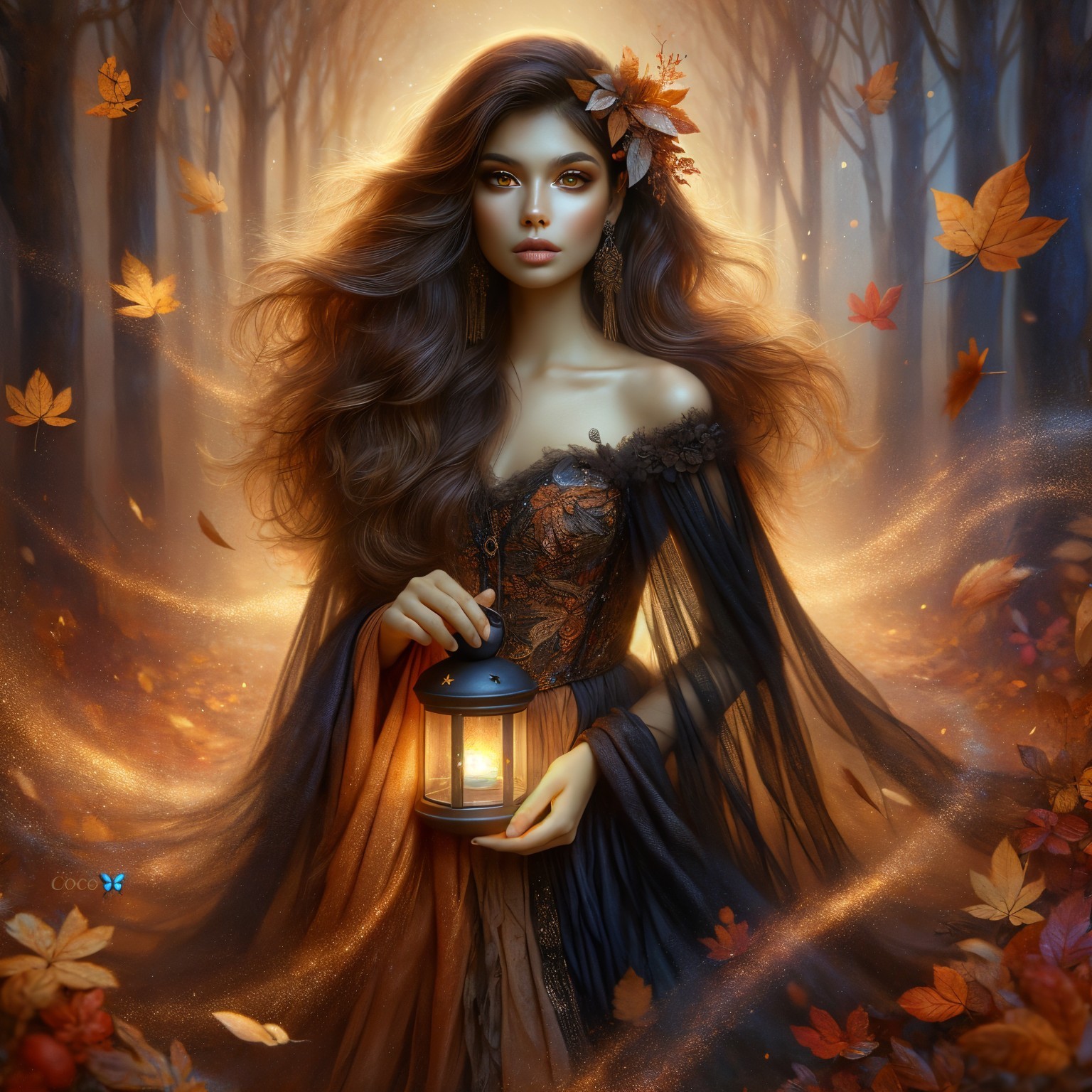 Mystical Forest Scene with Woman and Lantern