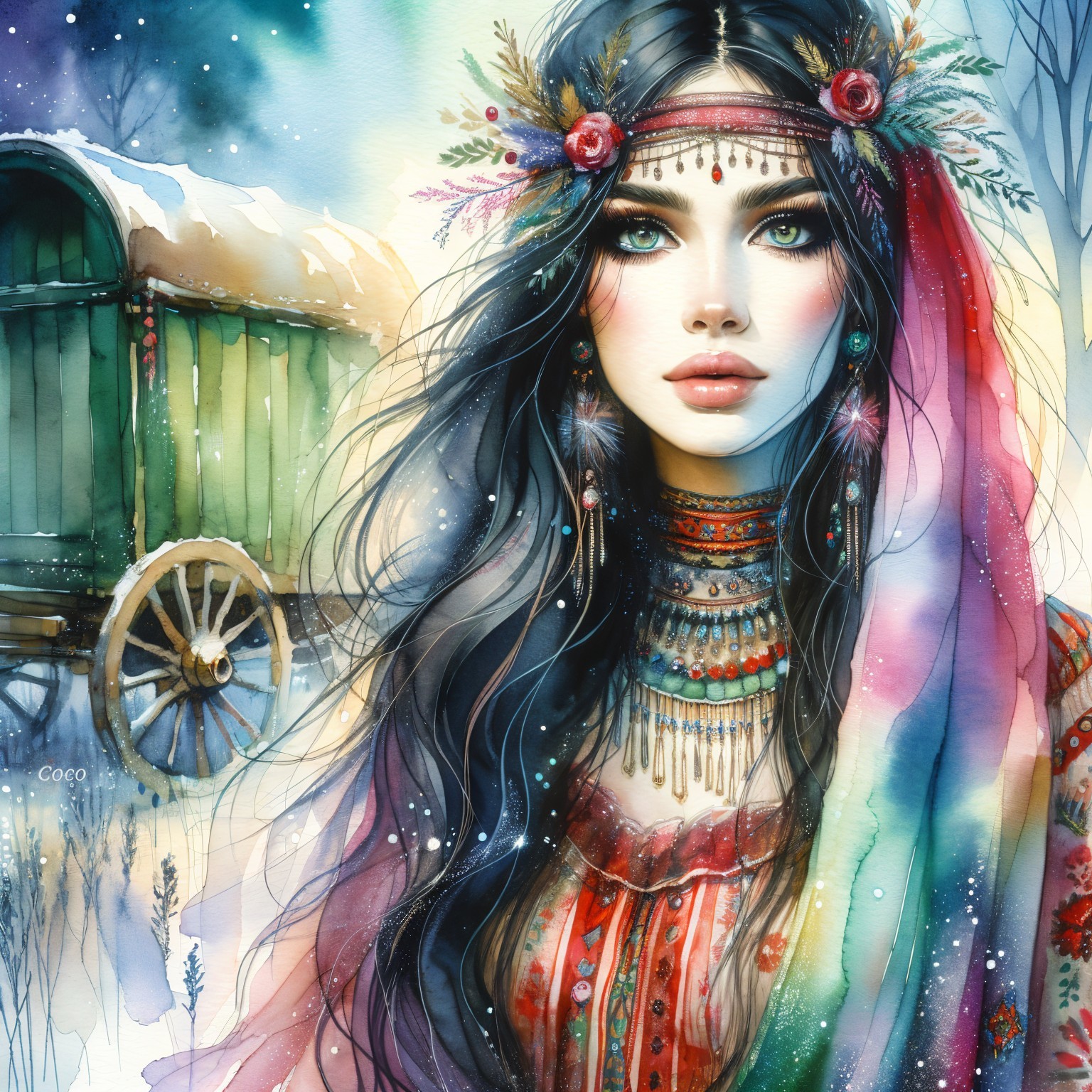 Young Woman in Traditional Dress with Winter Background