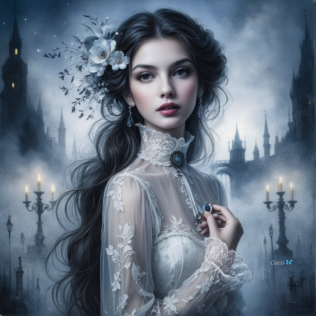 Young woman in lace gown in twilight setting