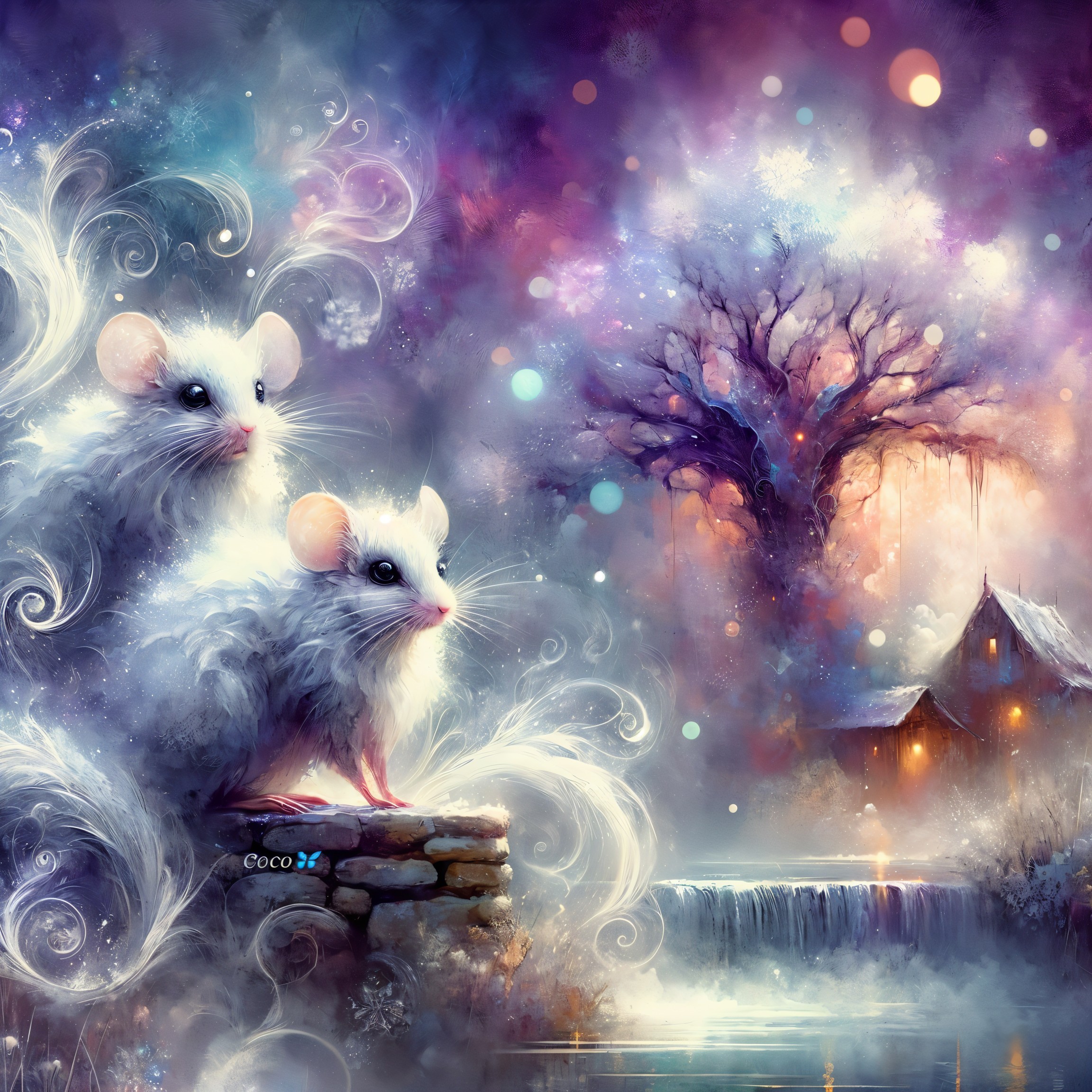 Fluffy White Mice in a Mystical Colorful Landscape
