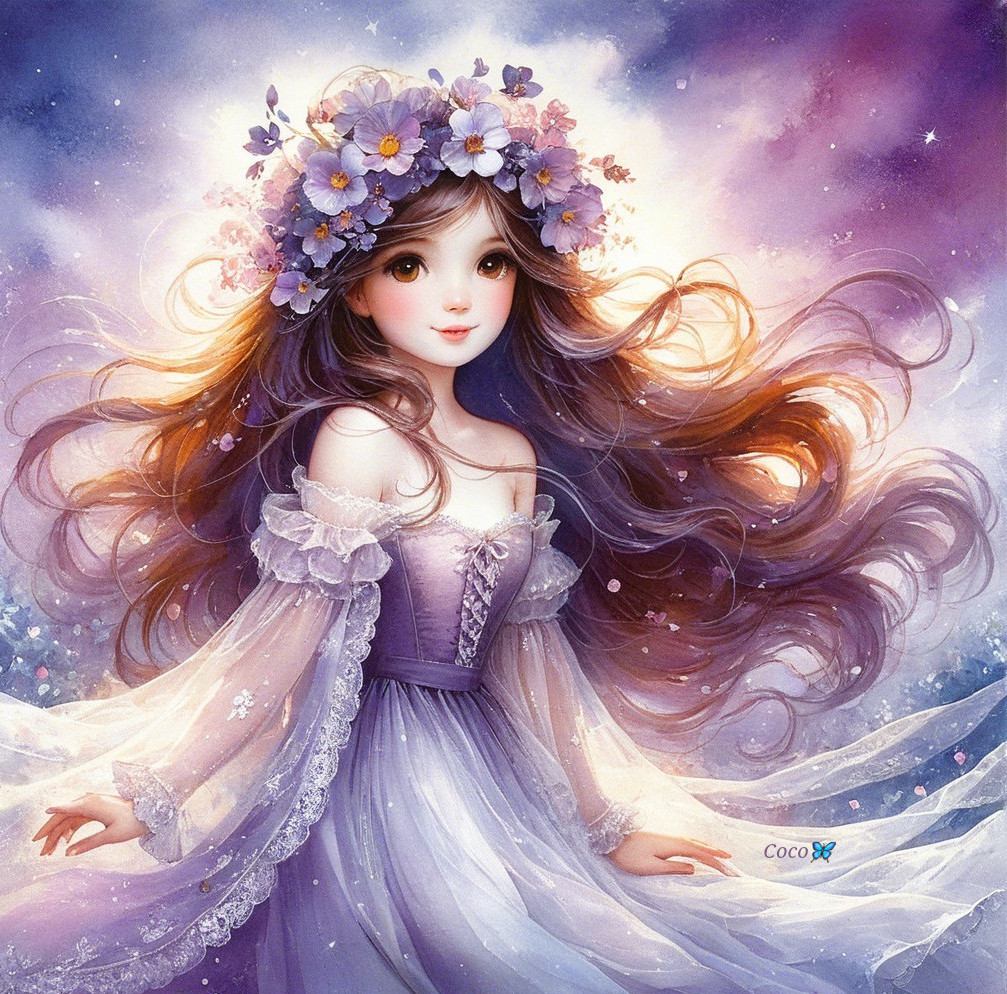 Fantasy Scene of a Woman in Lavender Gown and Floral Crown