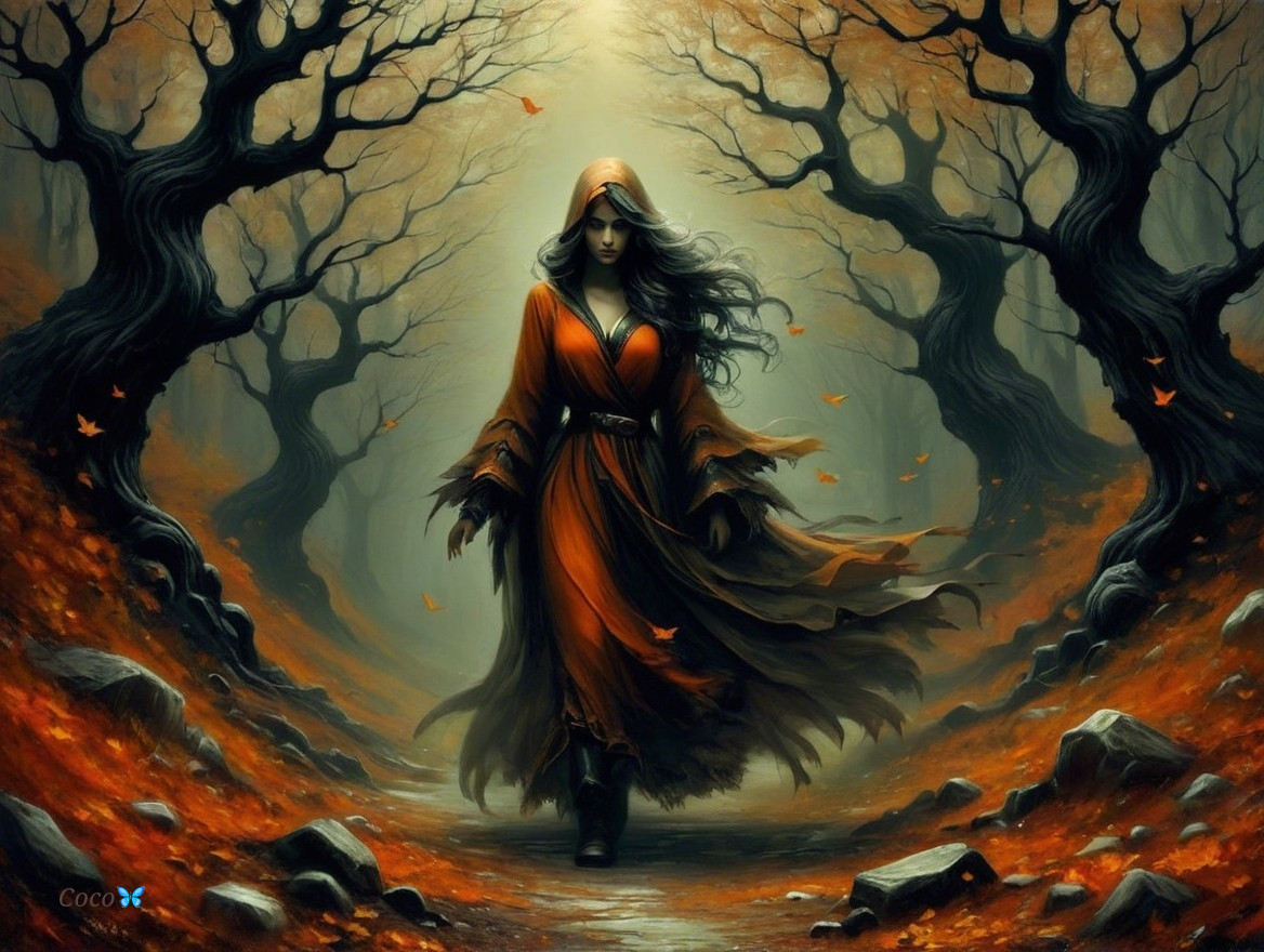 Mystical Forest Scene with Enigmatic Figure in Robe