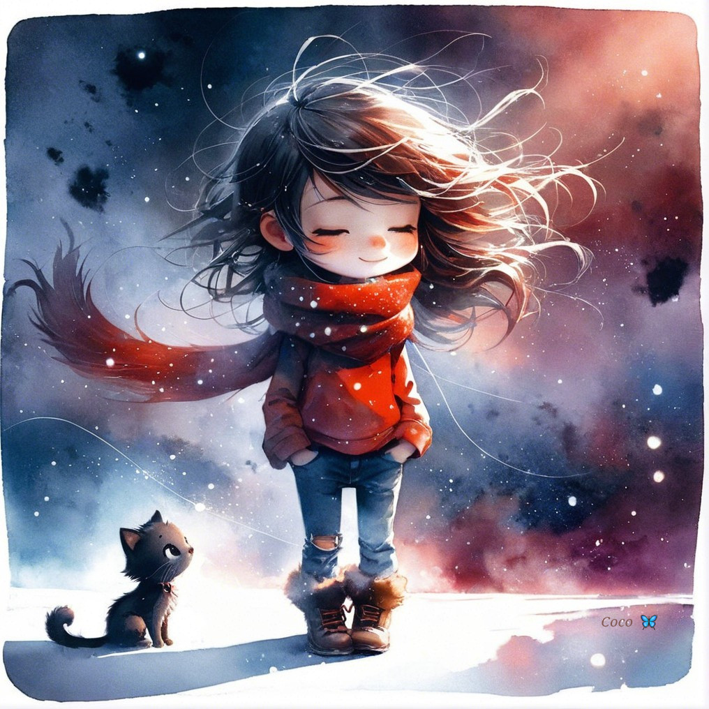 Cheerful girl in snowy landscape with playful black cat