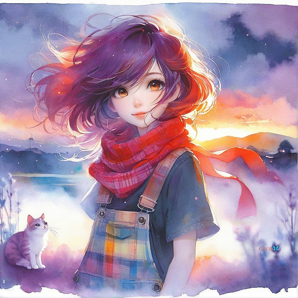 Young girl with purple hair and cat at sunset