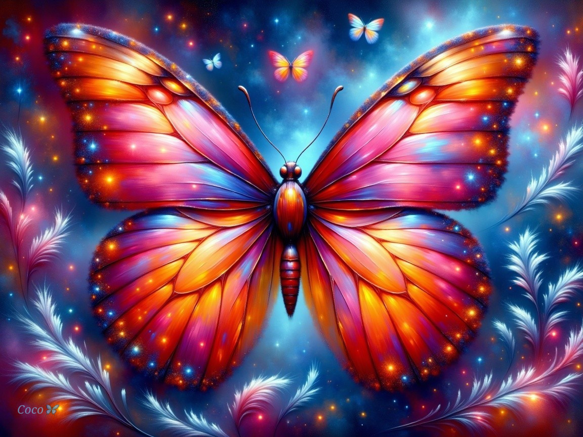 Vibrant butterfly with stained glass wings in starry sky
