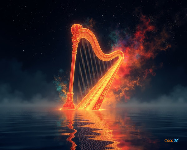 Ethereal harp in serene water under starry sky