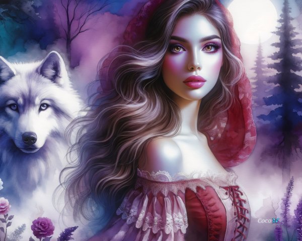 Mysterious Woman in Red Cloak with White Wolf