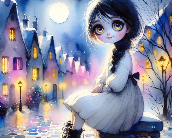 Whimsical Winter Scene of Girl in Snowy Town