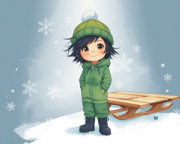 Cute character in green winter outfit in snowy landscape
