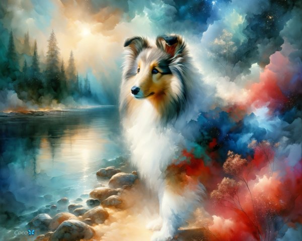 Ethereal Landscape with Shetland Sheepdog by Riverbank