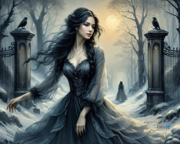 Mystical Moonlit Scene with Young Woman and Ravens