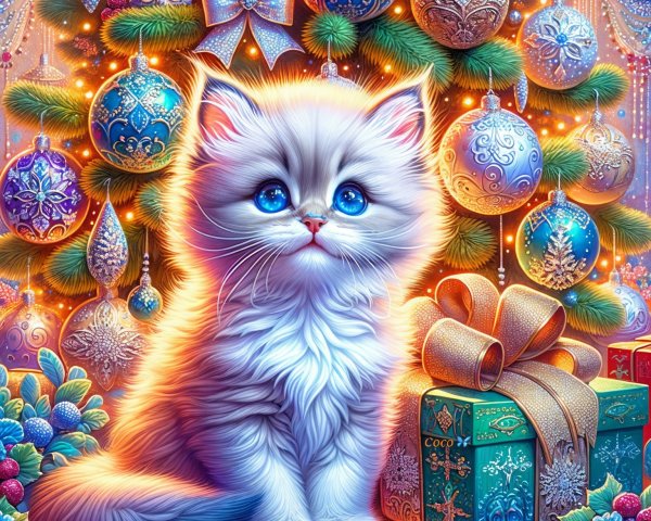 Fluffy Kitten Next to Christmas Tree and Presents