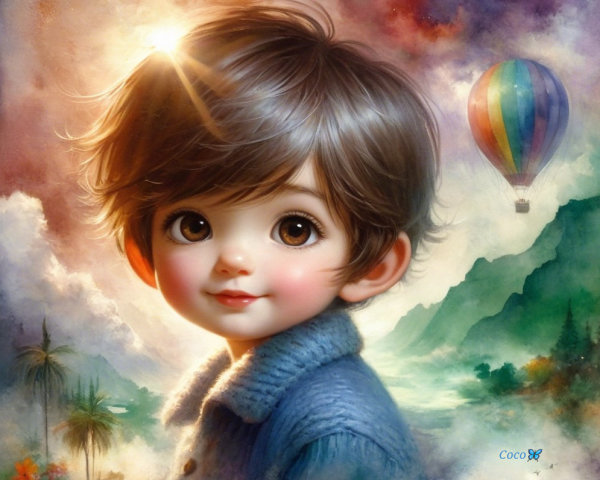 Child in Blue Sweater with Hot Air Balloon Background