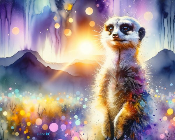 Whimsical meerkat against a colorful sunset backdrop