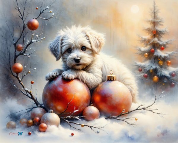 Fluffy White Puppy with Christmas Ornaments and Tree