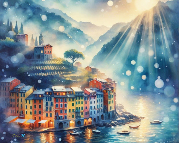 Coastal Village with Colorful Buildings and Mountains