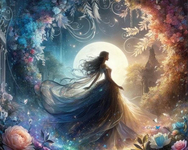 Ethereal Figure in Enchanted Forest by Full Moon