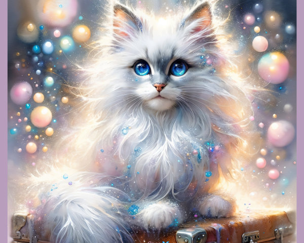 Fluffy White Cat with Blue Eyes on Vintage Trunk