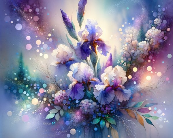 Vibrant Iris Bouquet with Abstract Colorful Background
