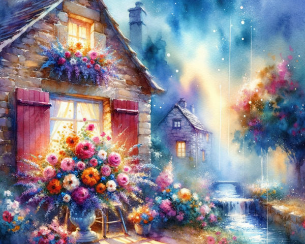 Charming Moonlit Cottage with Colorful Flowers