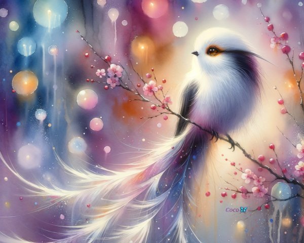 Ethereal Bird on Blossoming Branch with Colorful Lights