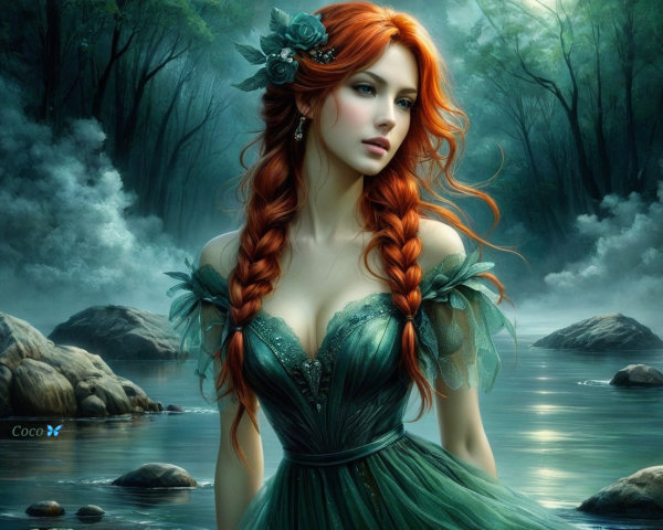 Fantasy Scene of a Young Woman in a Green Gown