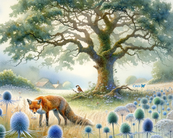 Serene Landscape with Oak Tree and Wildlife Elements