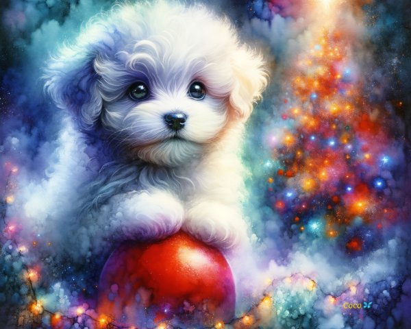 Whimsical Watercolor Painting of a Bichon Frise Puppy