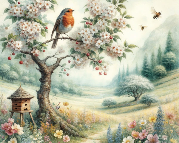 Blossoming Tree and Colorful Bird in Serene Landscape