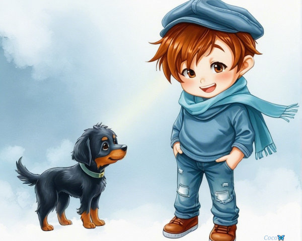 Cheerful boy in blue hat with playful black dog